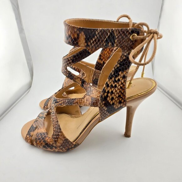 Gianni Bini Snake Print Lace-Up Heels | Size 6.5M | Caged Sandals Leather Upper - Picture 4 of 9